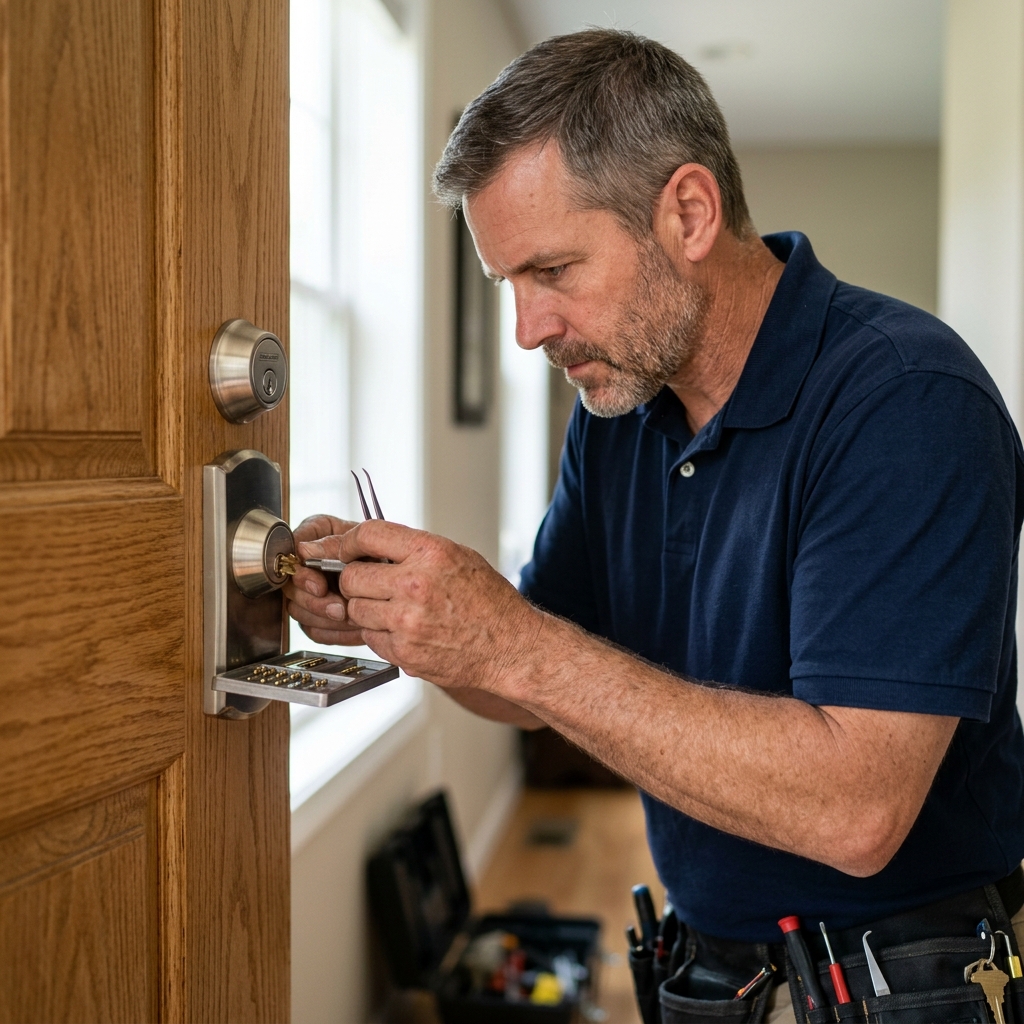 Modern deadbolt door lock hardware on entrance door