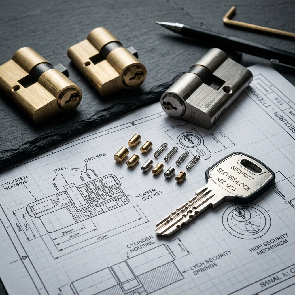 High-security lock cylinders, laser-cut key, and lock mechanism schematic layout on a workspace table